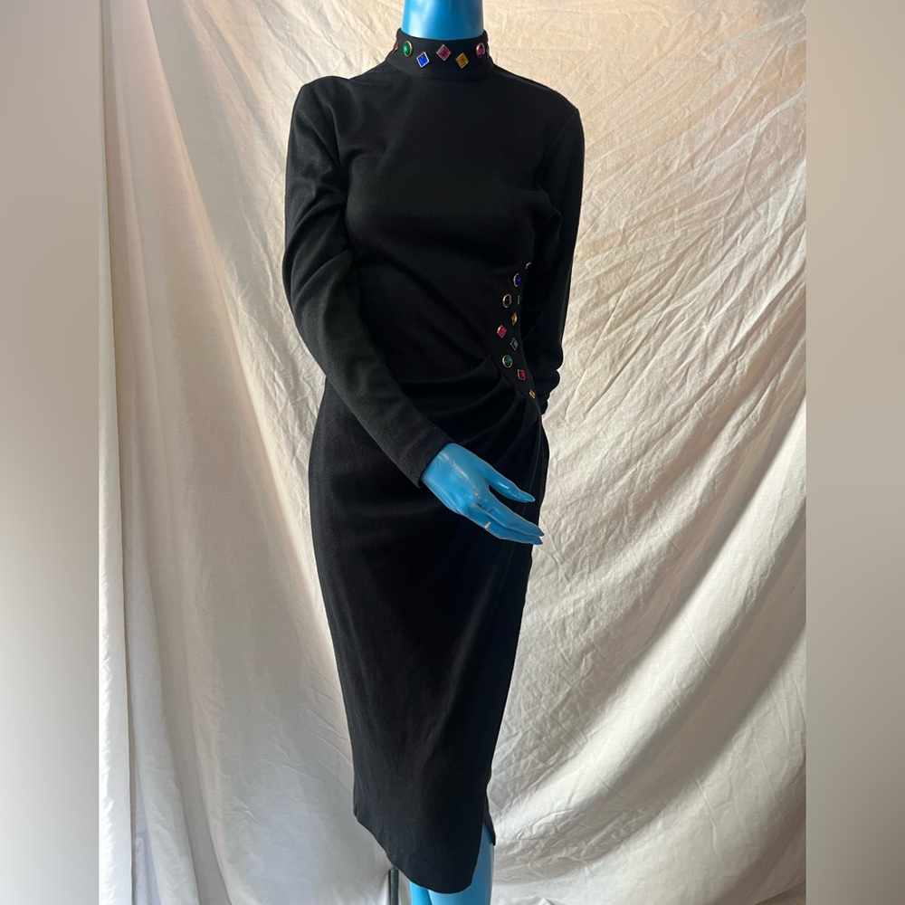 Dawn Joy Vintage 80s 90s Jewel Long Sleeved Black Dress 5-6 Goth New Wave Punk